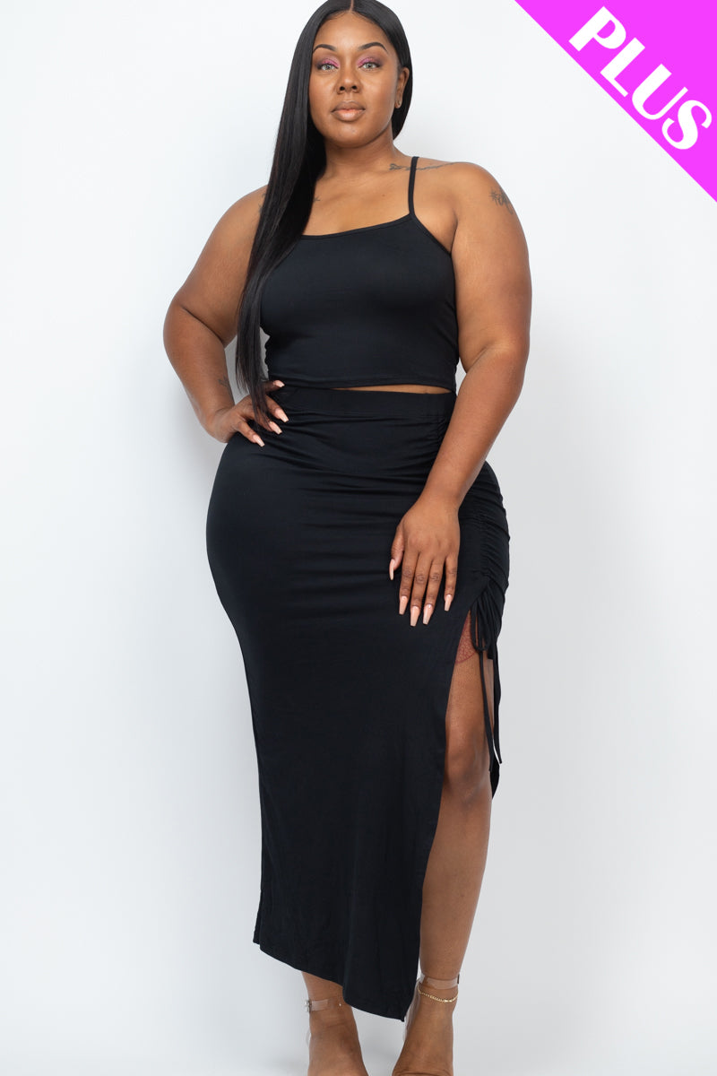 Plus Size Cami Crop Top & Ruched Side Split Hem Midi Skirt Set - Capella Apparel Wholesale