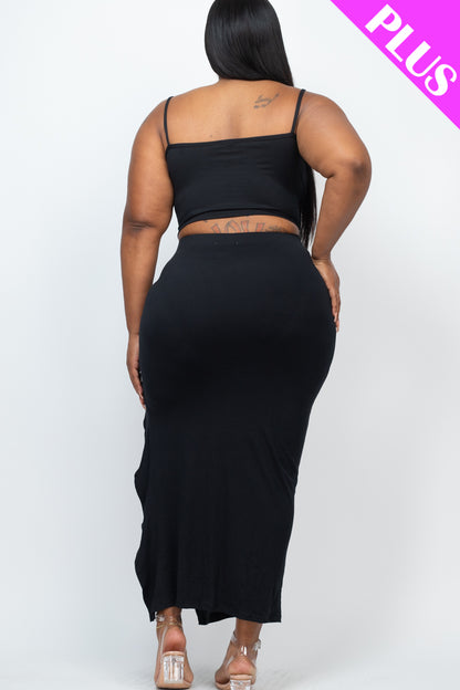 Plus Size Cami Crop Top & Ruched Side Split Hem Midi Skirt Set - Capella Apparel Wholesale