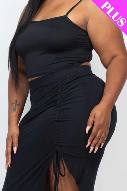 Plus Size Cami Crop Top & Ruched Side Split Hem Midi Skirt Set - Capella Apparel Wholesale