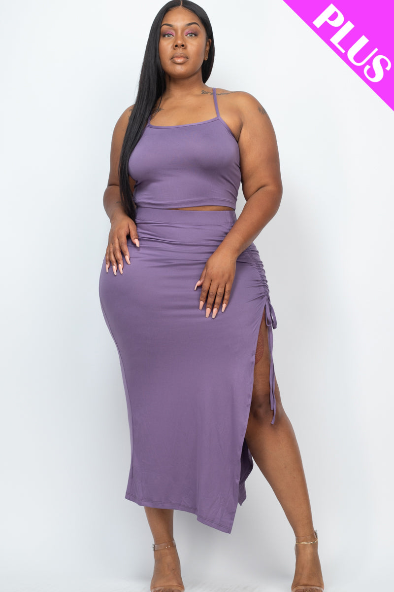 Plus Size Cami Crop Top & Ruched Side Split Hem Midi Skirt Set - Capella Apparel Wholesale