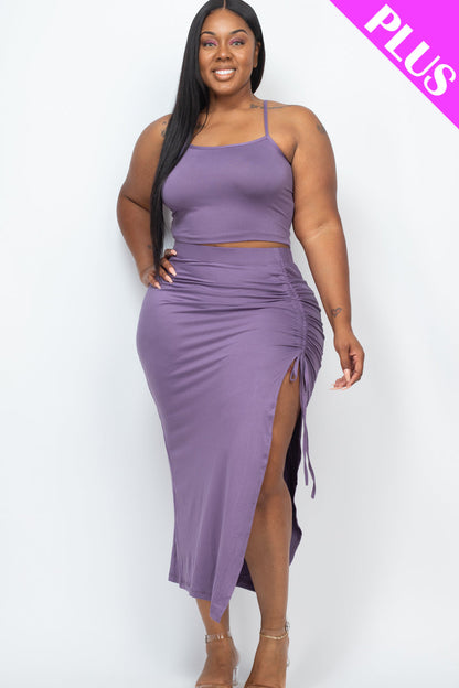 PLUS SIZE Cami Crop Top & Ruched Side Split Hem Midi Skirt Set (CAPELLA) - Capella Apparel