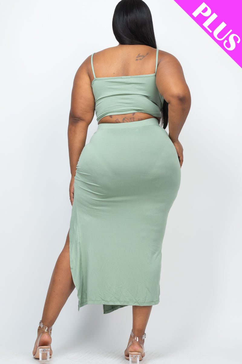 PLUS SIZE Cami Crop Top & Ruched Side Split Hem Midi Skirt Set (CAPELLA) - Capella Apparel