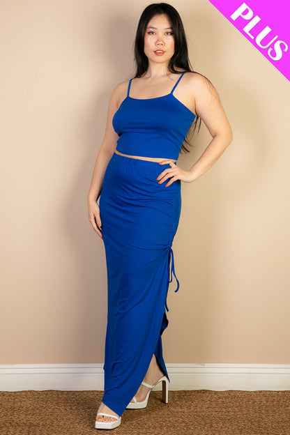 Plus Size Cami Crop Top & Ruched Side Split Hem Midi Skirt Set - Capella Apparel Wholesale