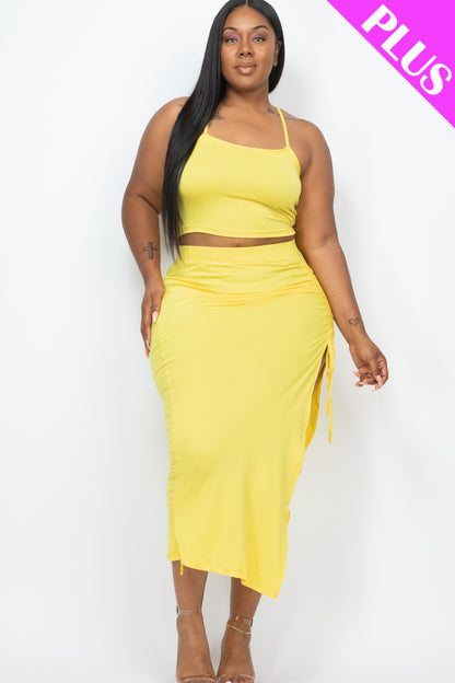 Plus Size Cami Crop Top & Ruched Side Split Hem Midi Skirt Set - Capella Apparel Wholesale