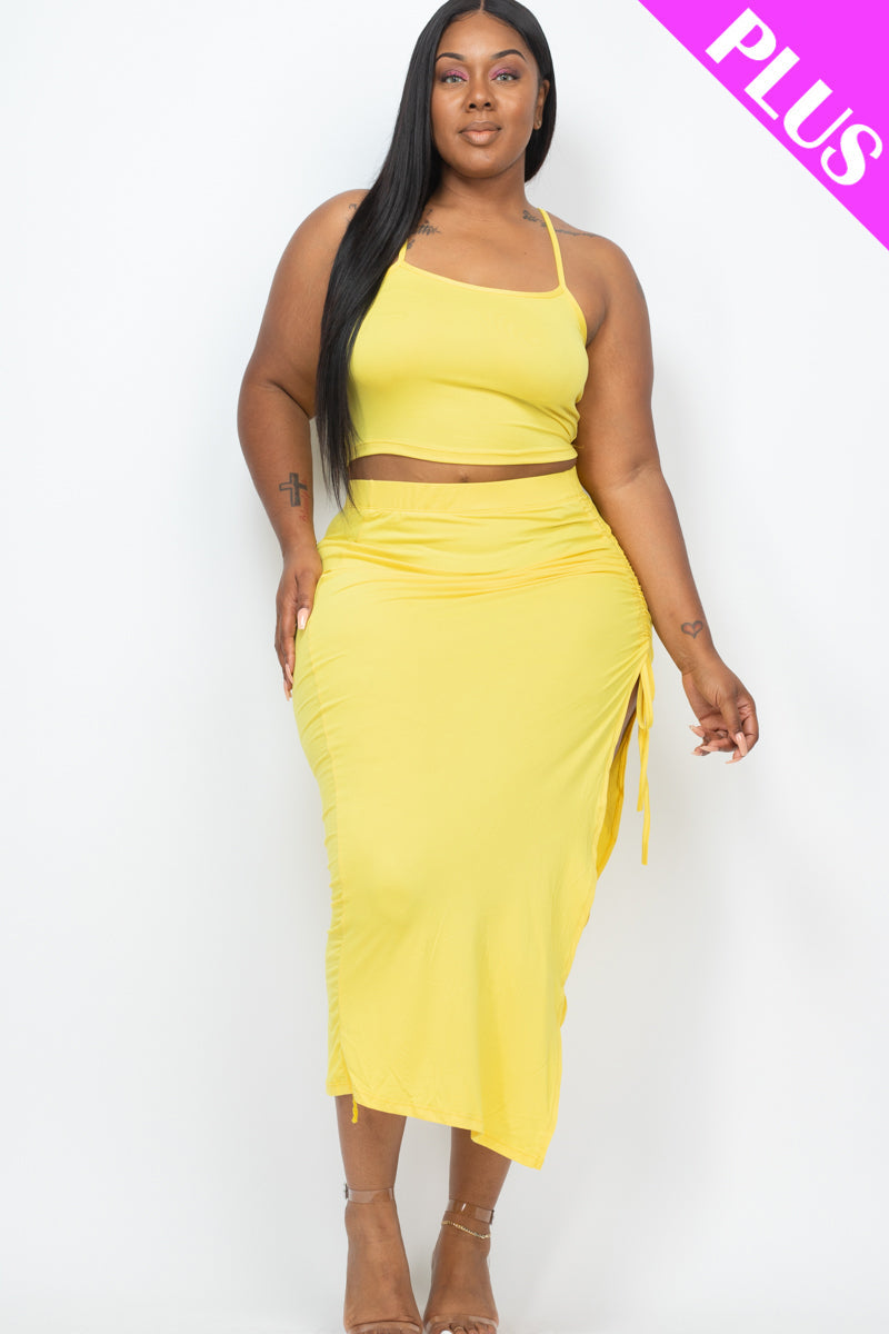 PLUS SIZE Cami Crop Top & Ruched Side Split Hem Midi Skirt Set (CAPELLA) - Capella Apparel