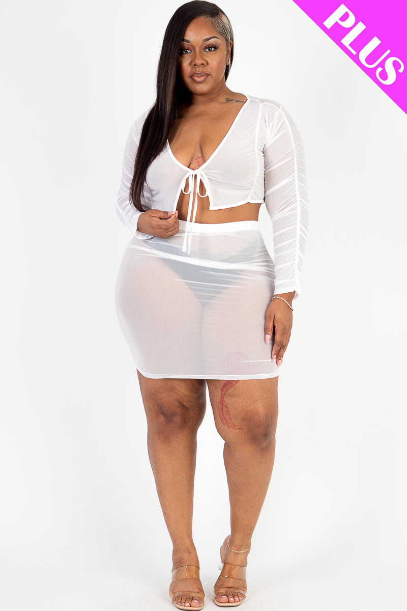 Plus Size Sheer Mesh Tie Front Crop Top & Ruched Side Mini Dress (CAPELLA) - Capella Apparel