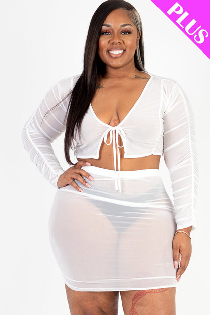 Plus Size Sheer Mesh Tie Front Crop Top & Ruched Side Mini Dress (CAPELLA) - Capella Apparel