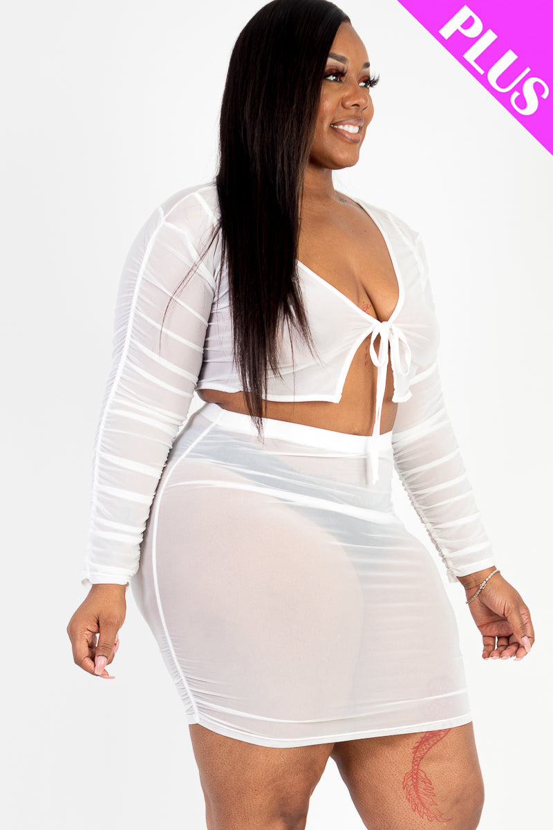 Plus Size Sheer Mesh Tie Front Crop Top & Ruched Side Mini Dress - Capella Apparel