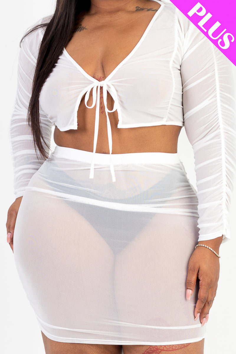 Plus Size Sheer Mesh Tie Front Crop Top & Ruched Side Mini Dress - Capella Apparel