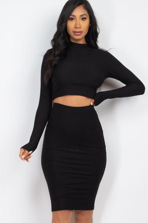 Ribbed Mock Neck Crop Top & Midi Skirt Set - Capella Apparel