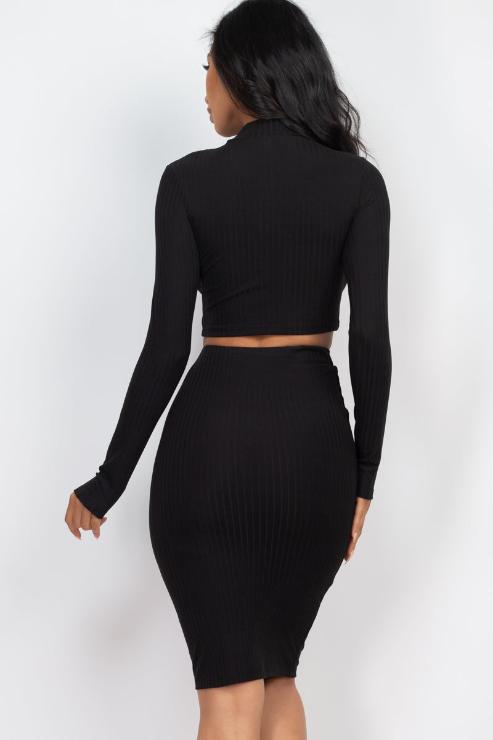 Ribbed Mock Neck Crop Top & Midi Skirt Set - Capella Apparel