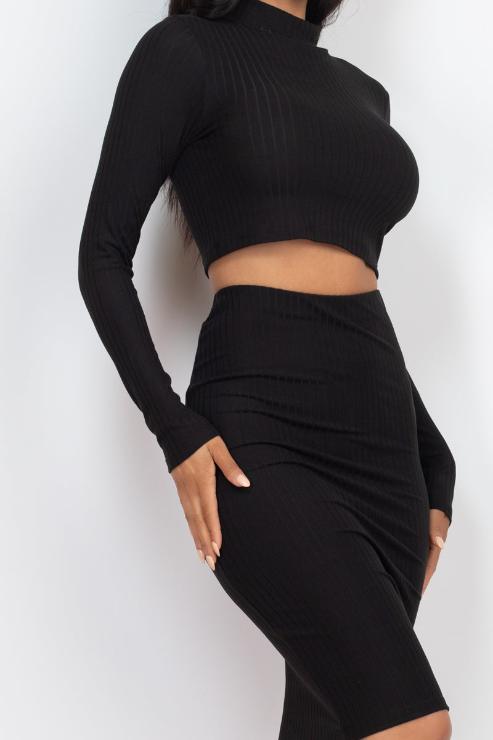 Ribbed Mock Neck Crop Top & Midi Skirt Set - Capella Apparel