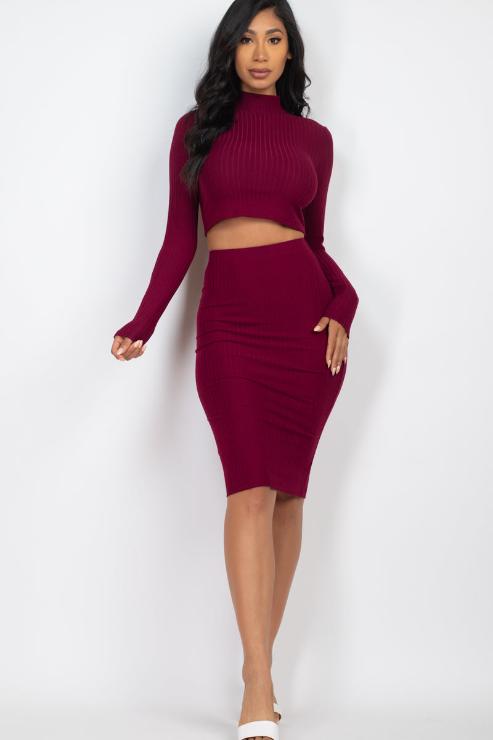 Ribbed Mock Neck Crop Top & Midi Skirt Set - Capella Apparel