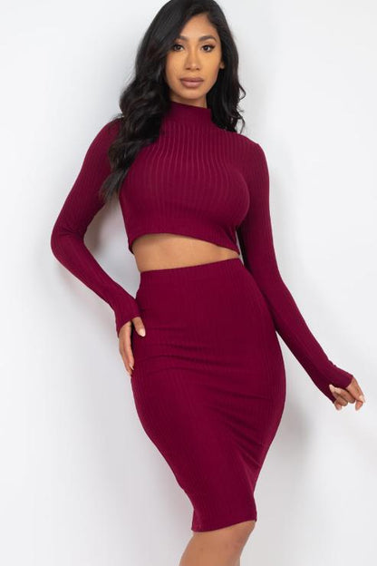 Ribbed Mock Neck Crop Top & Midi Skirt Set - Capella Apparel