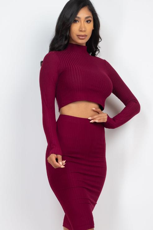 Ribbed Mock Neck Crop Top & Midi Skirt Set - Capella Apparel