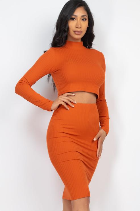 Ribbed Mock Neck Crop Top & Midi Skirt Set - Capella Apparel