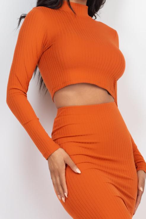 Ribbed Mock Neck Crop Top & Midi Skirt Set - Capella Apparel