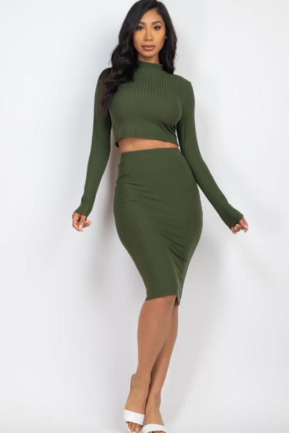 Ribbed Mock Neck Crop Top & Midi Skirt Set - Capella Apparel