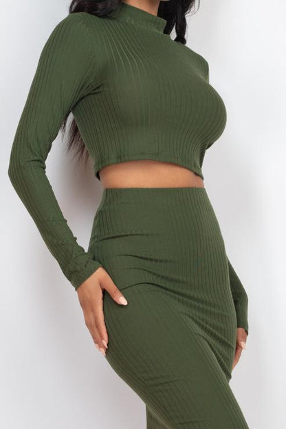 Ribbed Mock Neck Crop Top & Midi Skirt Set - Capella Apparel