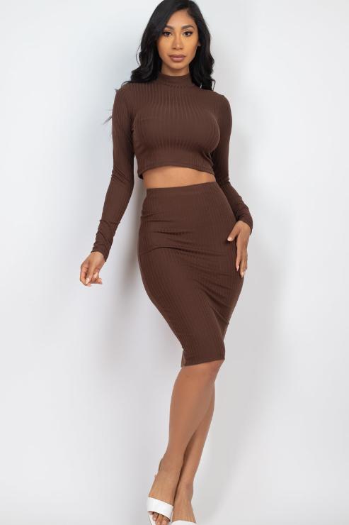 Ribbed Mock Neck Crop Top & Midi Skirt Set - Capella Apparel