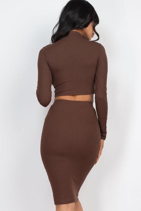 Ribbed Mock Neck Crop Top & Midi Skirt Set - Capella Apparel