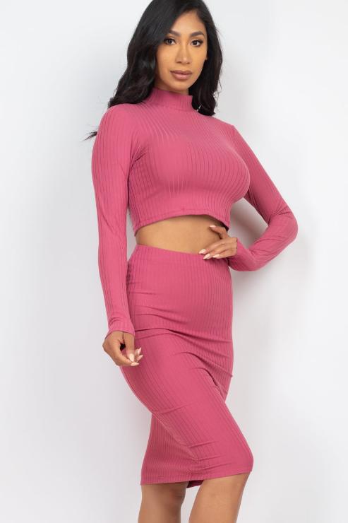 Ribbed Mock Neck Crop Top & Midi Skirt Set - Capella Apparel