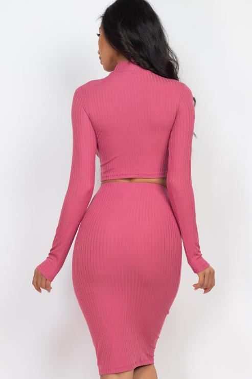 Ribbed Mock Neck Crop Top & Midi Skirt Set - Capella Apparel