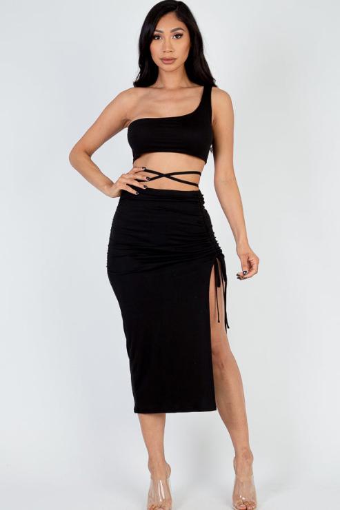 Sexy Solid Color One Shoulder Crop Top & Drawstring Ruched Crisscross Tie Back Side Slit Hem Skirt Set - Capella Apparel