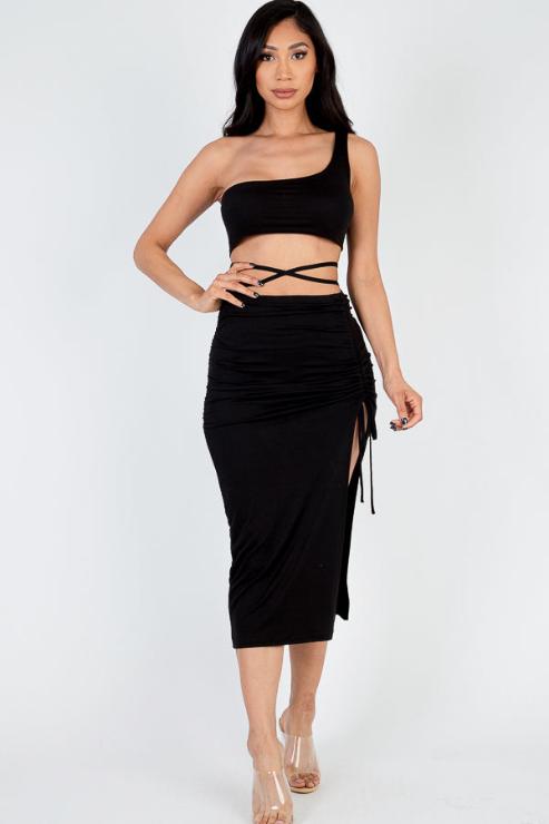 Sexy Solid Color One Shoulder Crop Top & Drawstring Ruched Crisscross Tie Back Side Slit Hem Skirt Set - Capella Apparel