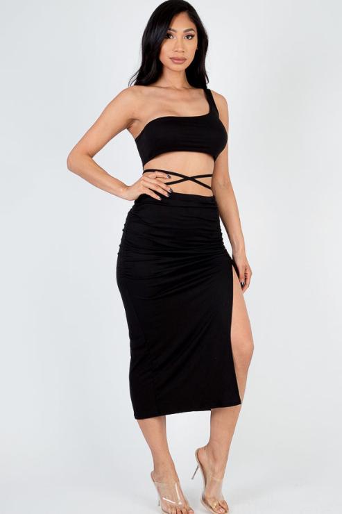 Sexy Solid Color One Shoulder Crop Top & Drawstring Ruched Crisscross Tie Back Side Slit Hem Skirt Set - Capella Apparel