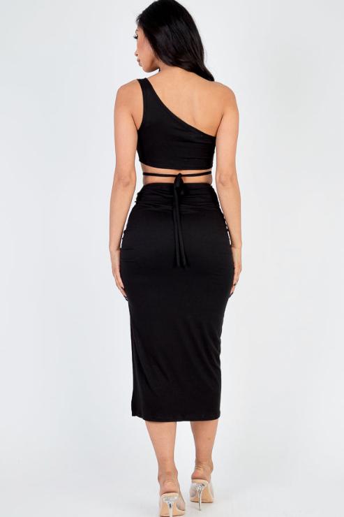 Sexy Solid Color One Shoulder Crop Top & Drawstring Ruched Crisscross Tie Back Side Slit Hem Skirt Set - Capella Apparel