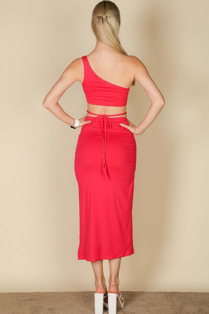 Sexy Solid Color One Shoulder Crop Top & Drawstring Ruched Crisscross Tie Back Side Slit Hem Skirt Set (CAPELLA) - Capella Apparel