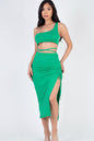 Sexy Solid Color One Shoulder Crop Top & Drawstring Ruched Crisscross Tie Back Side Slit Hem Skirt Set - Capella Apparel