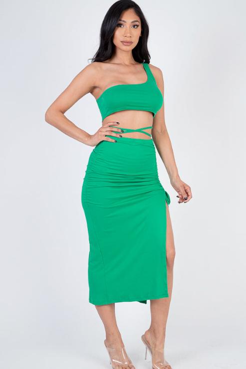 Sexy Solid Color One Shoulder Crop Top & Drawstring Ruched Crisscross Tie Back Side Slit Hem Skirt Set - Capella Apparel