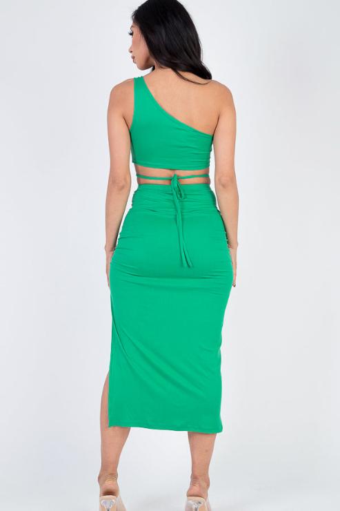 Sexy Solid Color One Shoulder Crop Top & Drawstring Ruched Crisscross Tie Back Side Slit Hem Skirt Set - Capella Apparel