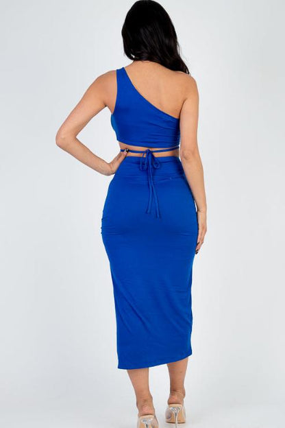 Sexy Solid Color One Shoulder Crop Top & Drawstring Ruched Crisscross Tie Back Side Slit Hem Skirt Set (CAPELLA) - Capella Apparel