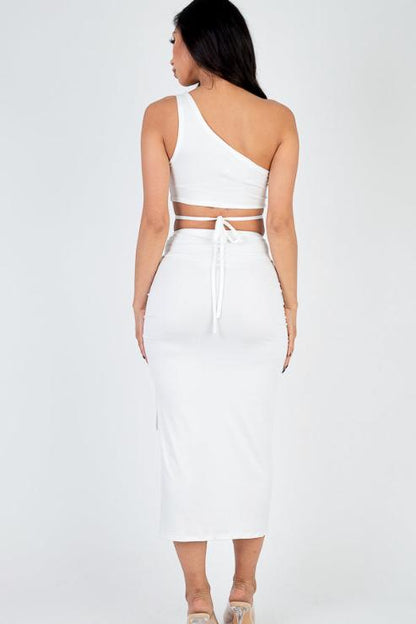 Sexy Solid Color One Shoulder Crop Top & Drawstring Ruched Crisscross Tie Back Side Slit Hem Skirt Set - Capella Apparel