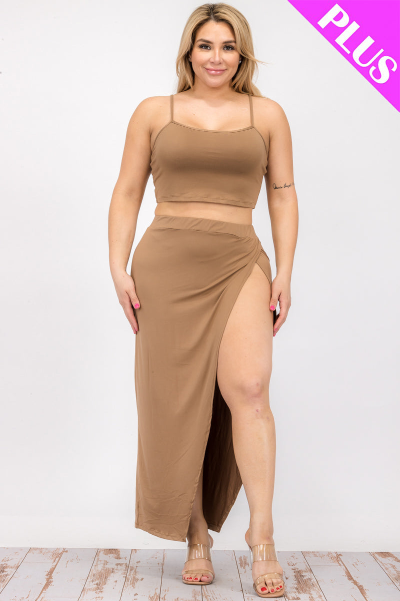 Plus Size Crop Cami & Split Thigh Maxi Skirt Set (CAPELLA) - Capella Apparel