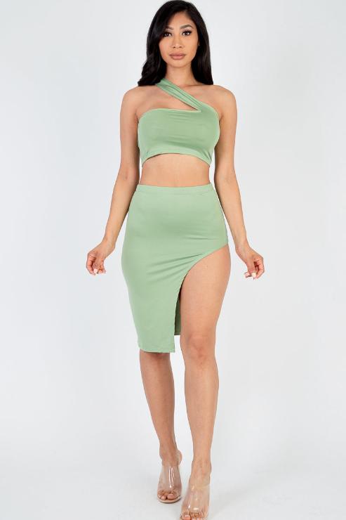 Sexy Solid One Shoulder Crop Top & Split Thigh Midi Skirt Set (CAPELLA) - Capella Apparel