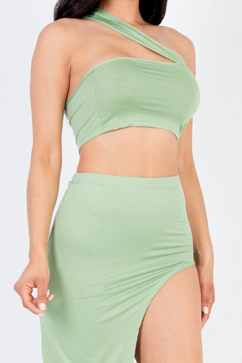 Sexy Solid One Shoulder Crop Top & Split Thigh Midi Skirt Set (CAPELLA) - Capella Apparel