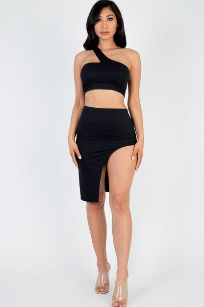 Sexy Solid One Shoulder Crop Top & Split Thigh Midi Skirt Set - Capella Apparel