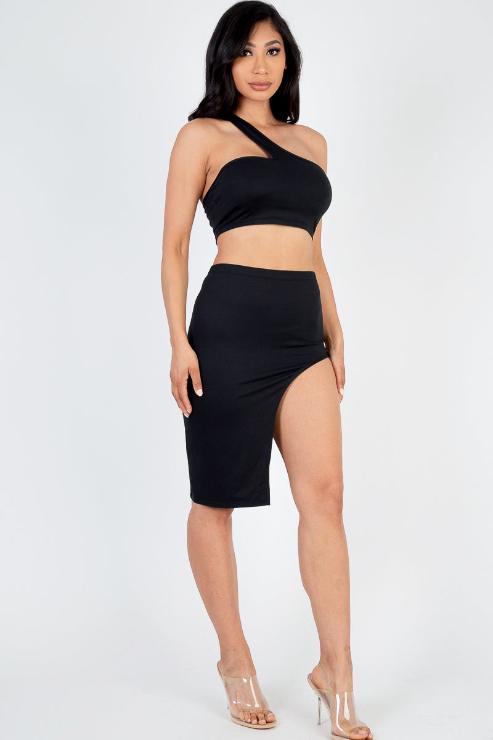 Sexy Solid One Shoulder Crop Top & Split Thigh Midi Skirt Set - Capella Apparel