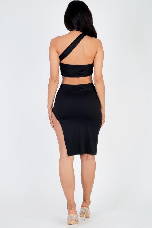 Sexy Solid One Shoulder Crop Top & Split Thigh Midi Skirt Set - Capella Apparel