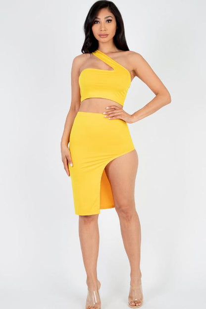 Sexy Solid One Shoulder Crop Top & Split Thigh Midi Skirt Set - Capella Apparel