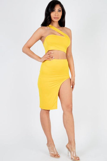 Sexy Solid One Shoulder Crop Top & Split Thigh Midi Skirt Set - Capella Apparel