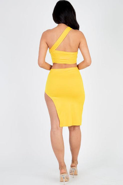 Sexy Solid One Shoulder Crop Top & Split Thigh Midi Skirt Set - Capella Apparel