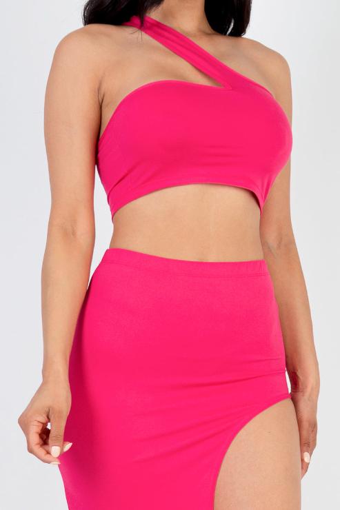 Sexy Solid One Shoulder Crop Top & Split Thigh Midi Skirt Set - Capella Apparel