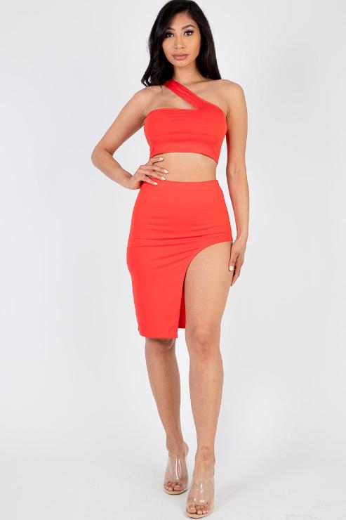 Sexy Solid One Shoulder Crop Top & Split Thigh Midi Skirt Set - Capella Apparel