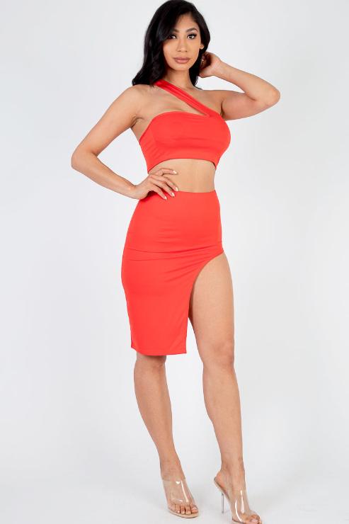 Sexy Solid One Shoulder Crop Top & Split Thigh Midi Skirt Set - Capella Apparel