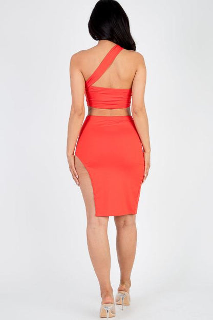 Sexy Solid One Shoulder Crop Top & Split Thigh Midi Skirt Set (CAPELLA) - Capella Apparel